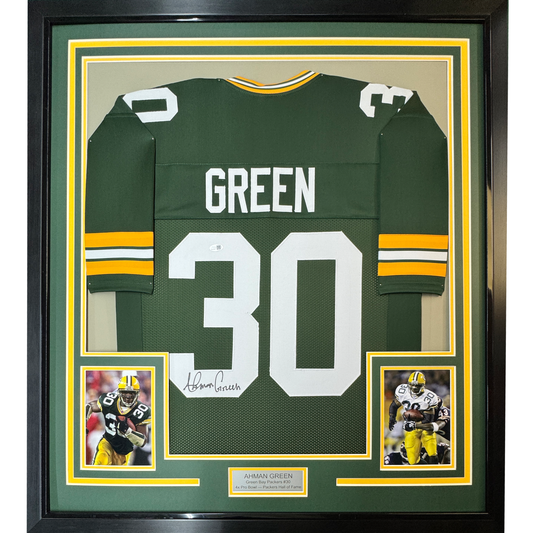Framed Autographed/Signed Ahman Green 35x39 Green Bay Packers Green Football Jersey JSA COA