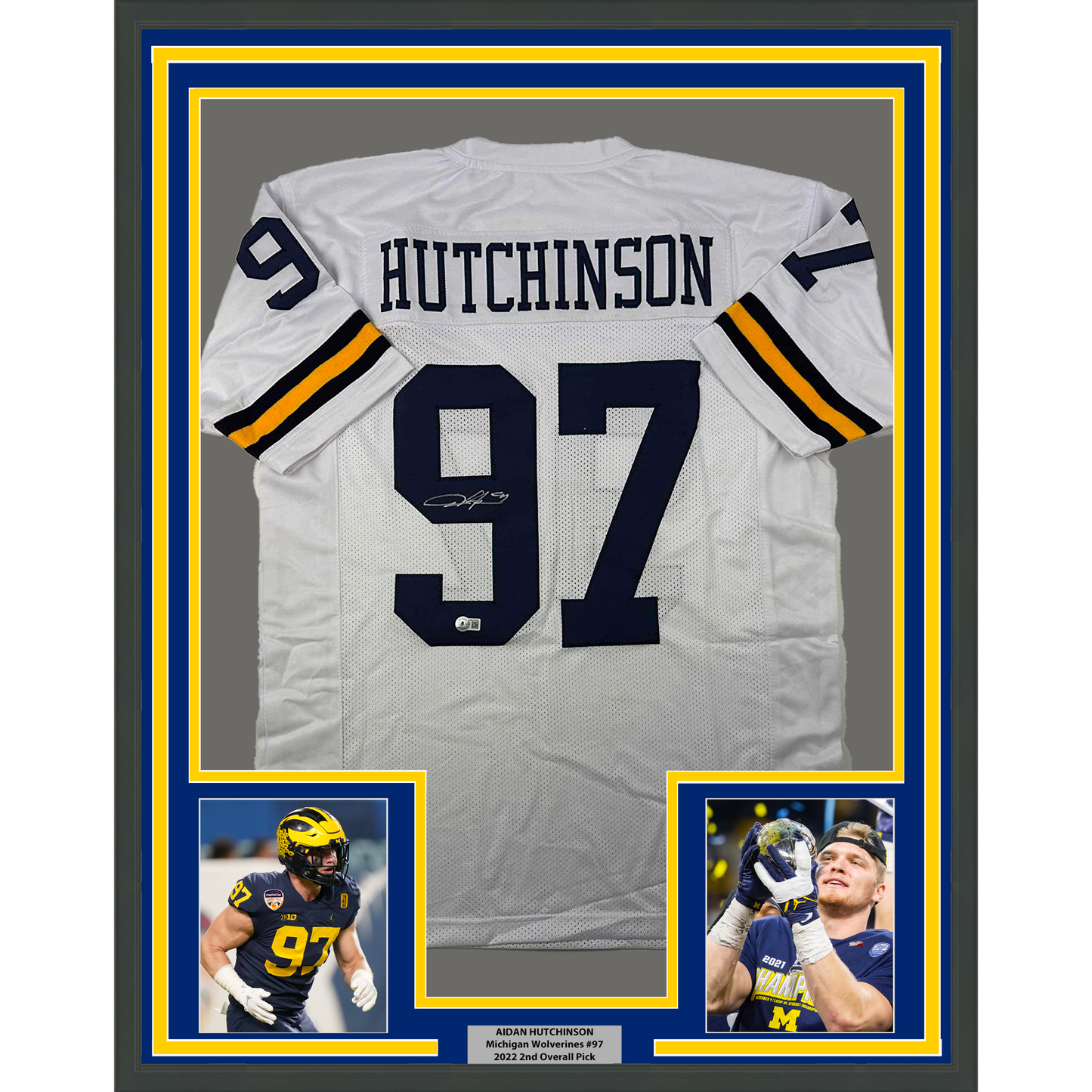 Framed Autographed/Signed Aidan Hutchinson 35x39 Michigan White College Football Jersey Beckett BAS COA