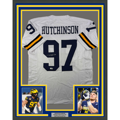 Framed Autographed/Signed Aidan Hutchinson 35x39 Michigan White College Football Jersey Beckett BAS COA