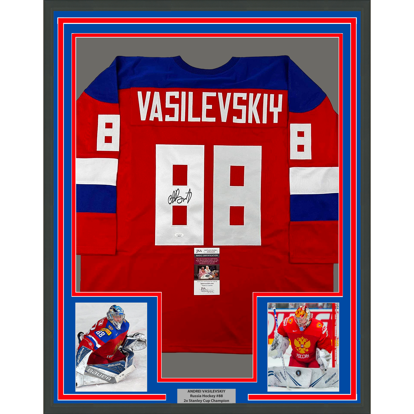 Framed red Team Russia hockey jersey with "VASILEVSKIY" and number 88 displayed with two player photographs and JSA authentication certificate.