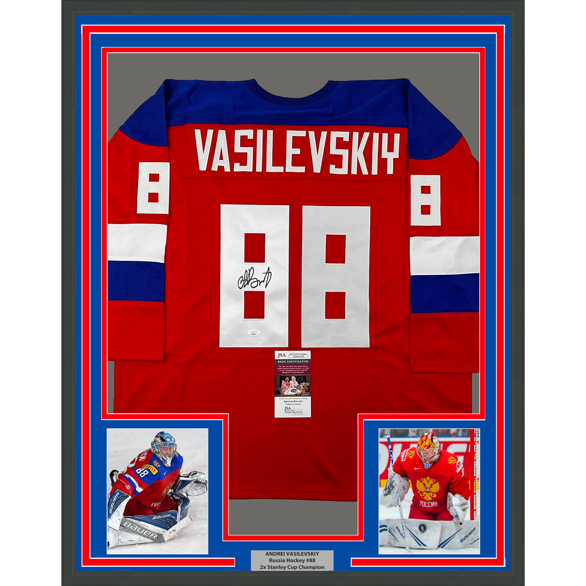 Framed red Team Russia hockey jersey with "VASILEVSKIY" and number 88 displayed with two player photographs and JSA authentication certificate.