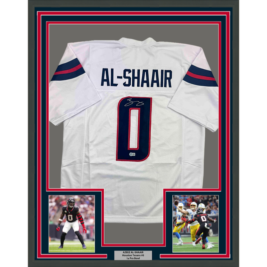Framed Autographed/Signed Azeez Al Shaair 35x39 Houston White Football Jersey Beckett BAS COA