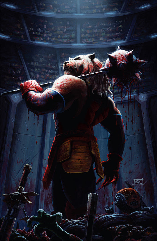 Bloodied warrior viewed from behind raising spiked weapons in an arena filled with spectators, rendered in dark blue and red tones.