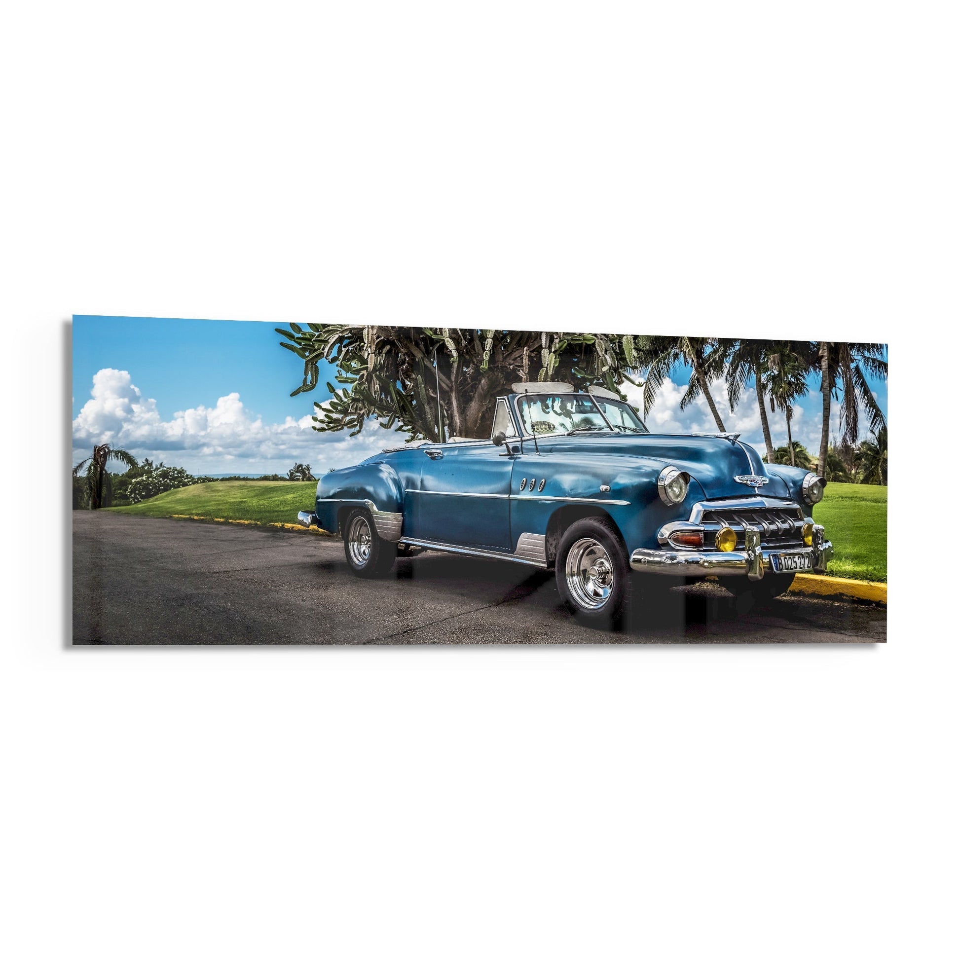 Blue 1950s convertible parked under palm trees with green lawn and cloudy sky background.