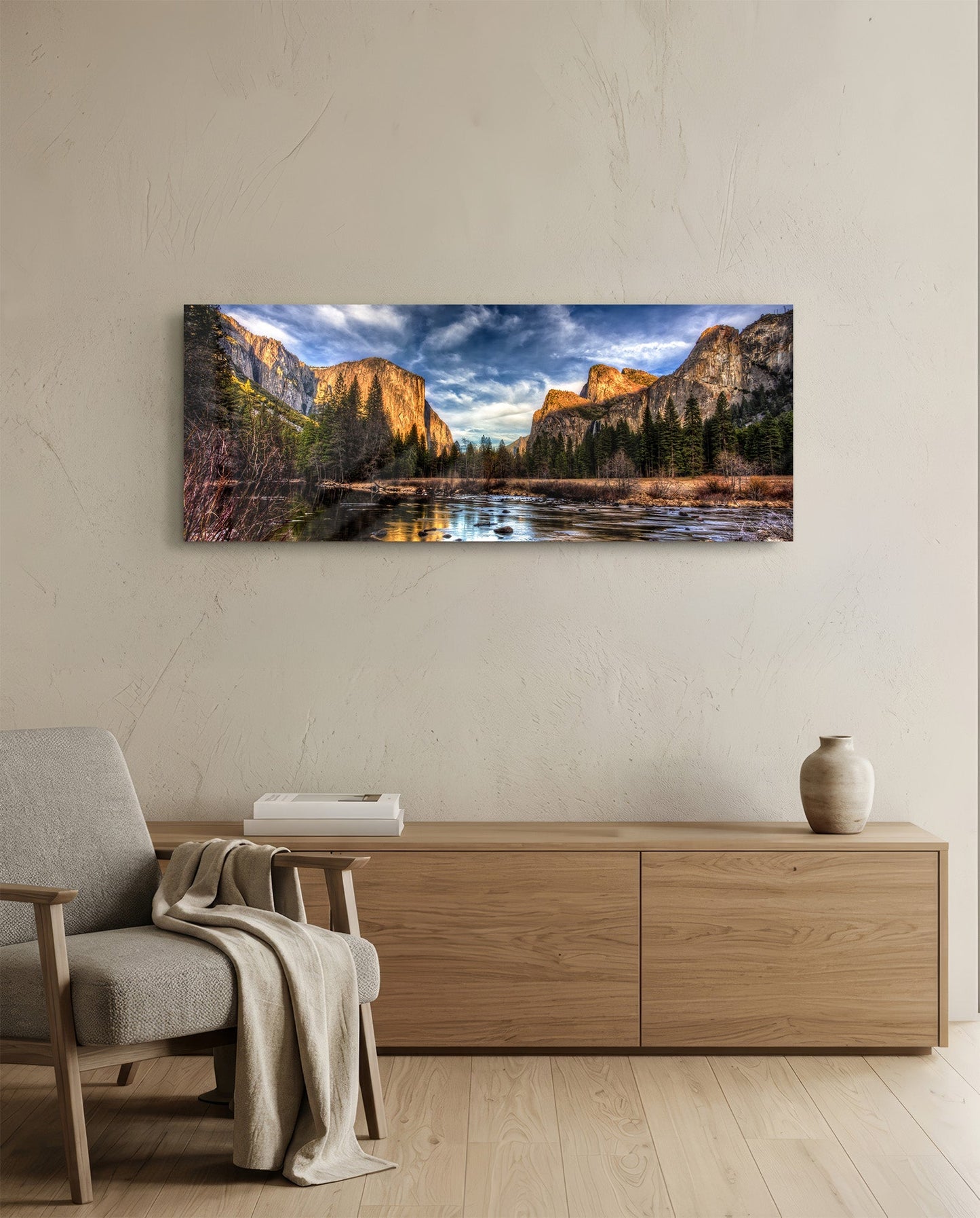Golden Granite Cliffs River Valley Glass Wall Art
