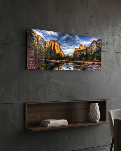 Golden Granite Cliffs River Valley Glass Wall Art