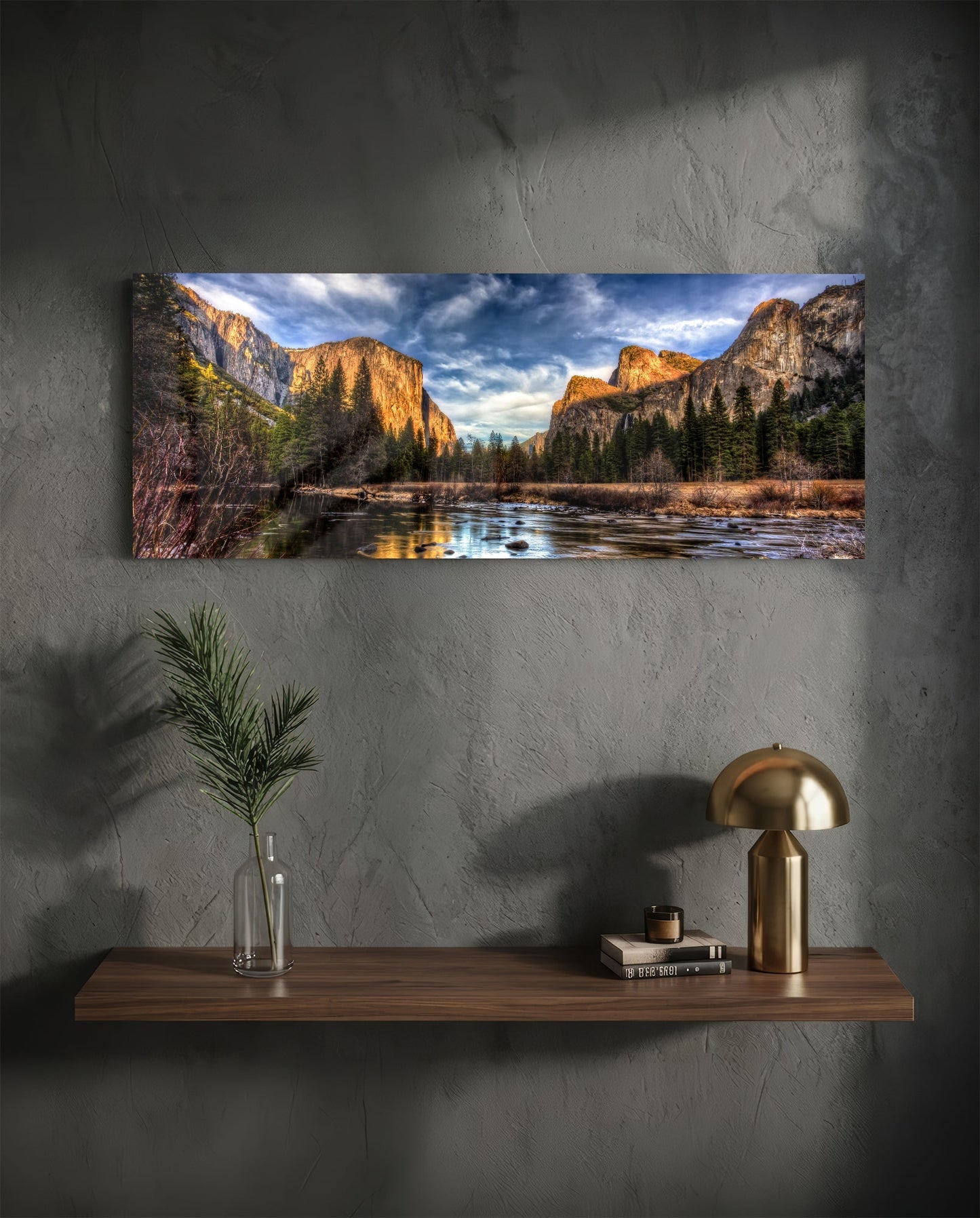 Golden Granite Cliffs River Valley Glass Wall Art