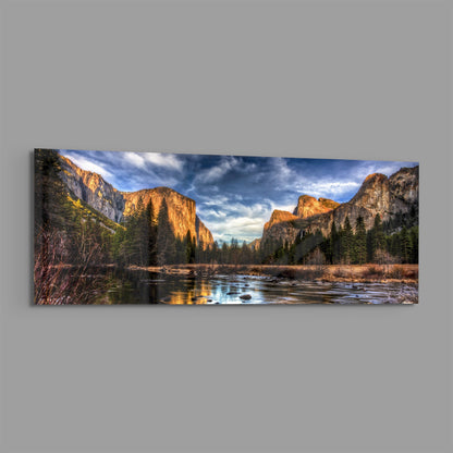 Golden Granite Cliffs River Valley Glass Wall Art