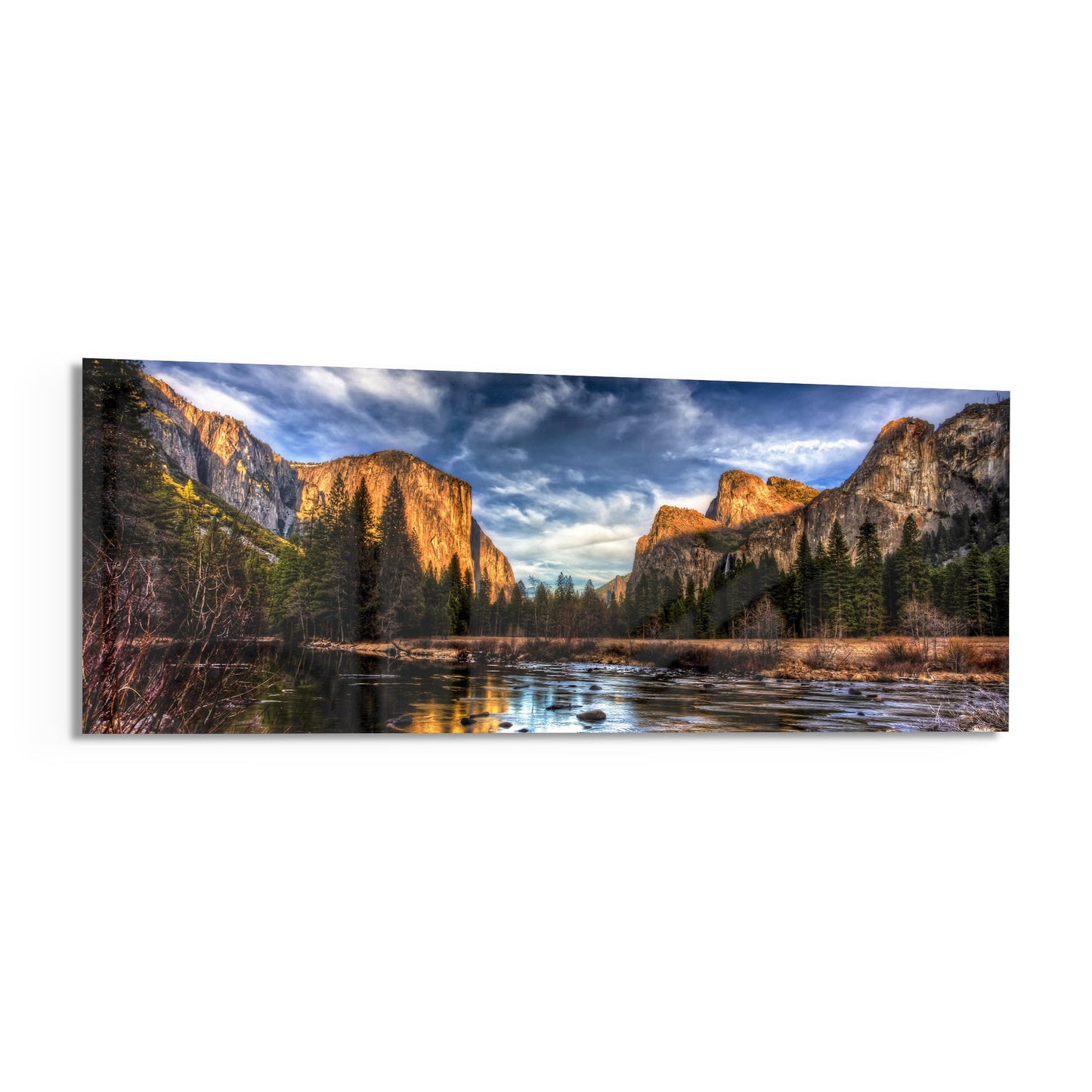 Golden Granite Cliffs River Valley Glass Wall Art