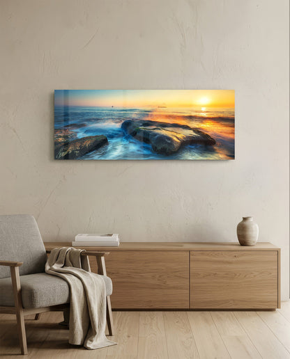 Mossy Rocks Sunrise Sea Glass Wall Art