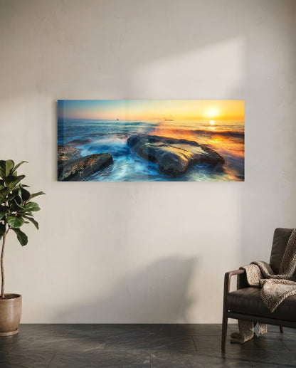 Mossy Rocks Sunrise Sea Glass Wall Art