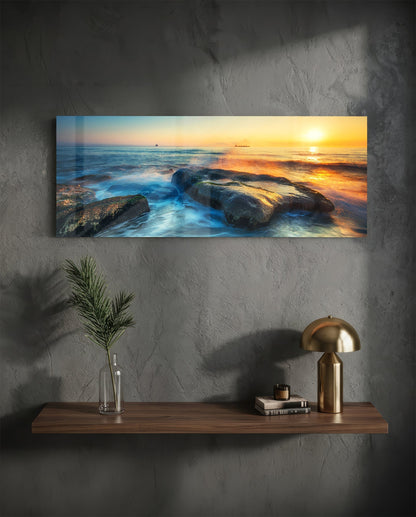 Mossy Rocks Sunrise Sea Glass Wall Art