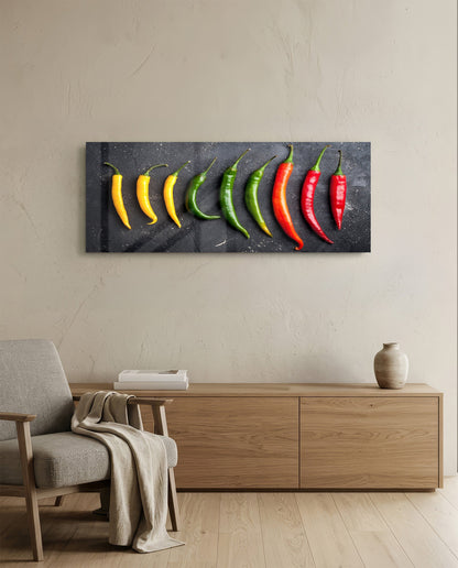Pepper Glass Wall Art mounted above wooden dresser in modern living room, displaying nine chili peppers in yellow, green, and red gradient on dark background.
