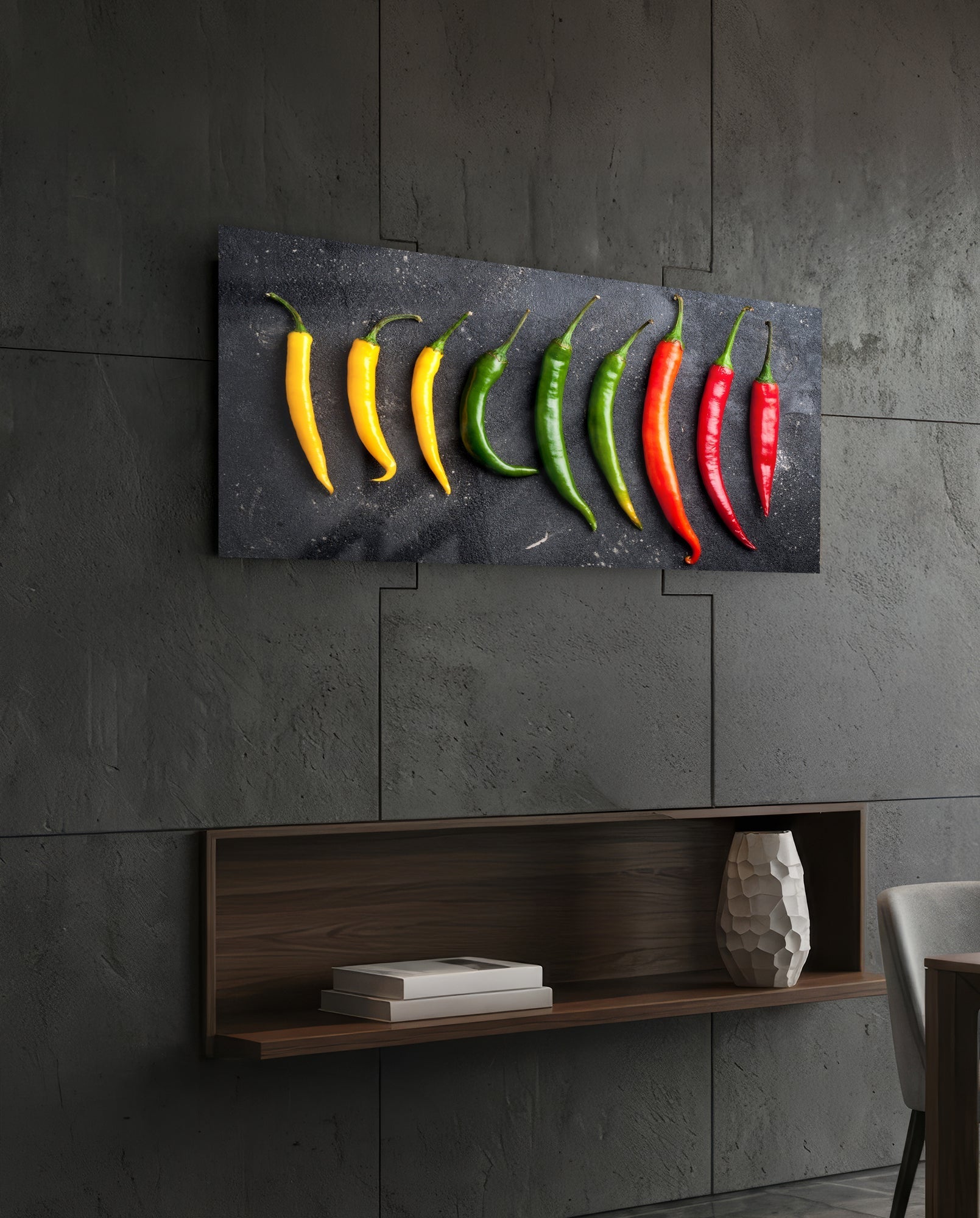 Horizontal dark slate glass panel displaying nine chili peppers in gradient color progression from yellow through green to red, mounted on concrete wall above wooden shelf.