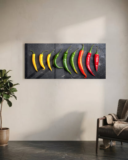 Glass wall art displaying ten peppers in gradient colors from yellow to red arranged horizontally on dark background, mounted in modern room setting.