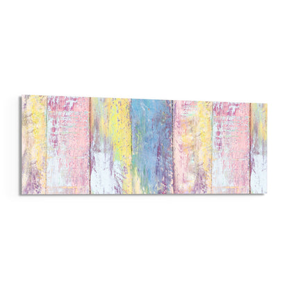 Horizontal rectangular glass wall art displaying vertical wooden planks in pastel pink, yellow, blue, and white with distressed painted finishes.