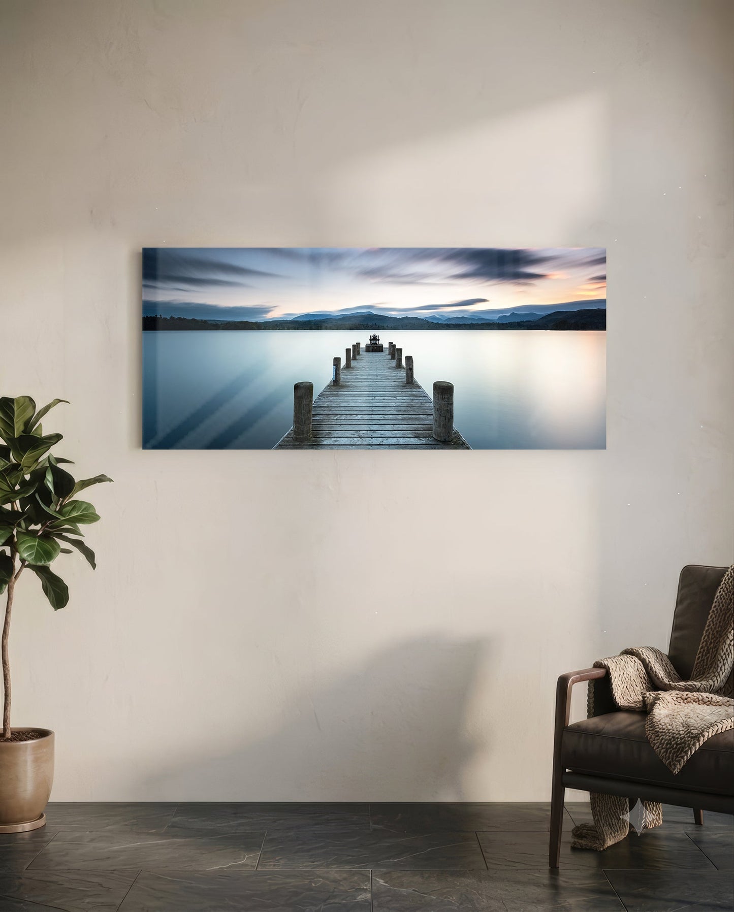 Blue Hour Lake Jetty Glass Wall Art