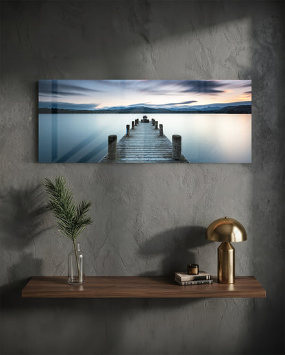 Blue Hour Lake Jetty Glass Wall Art