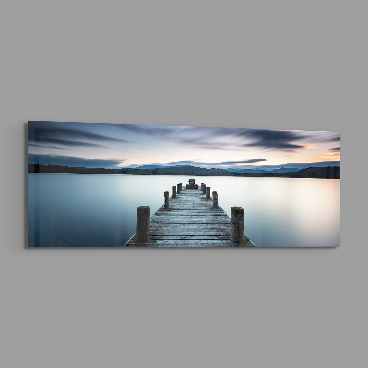 Blue Hour Lake Jetty Glass Wall Art