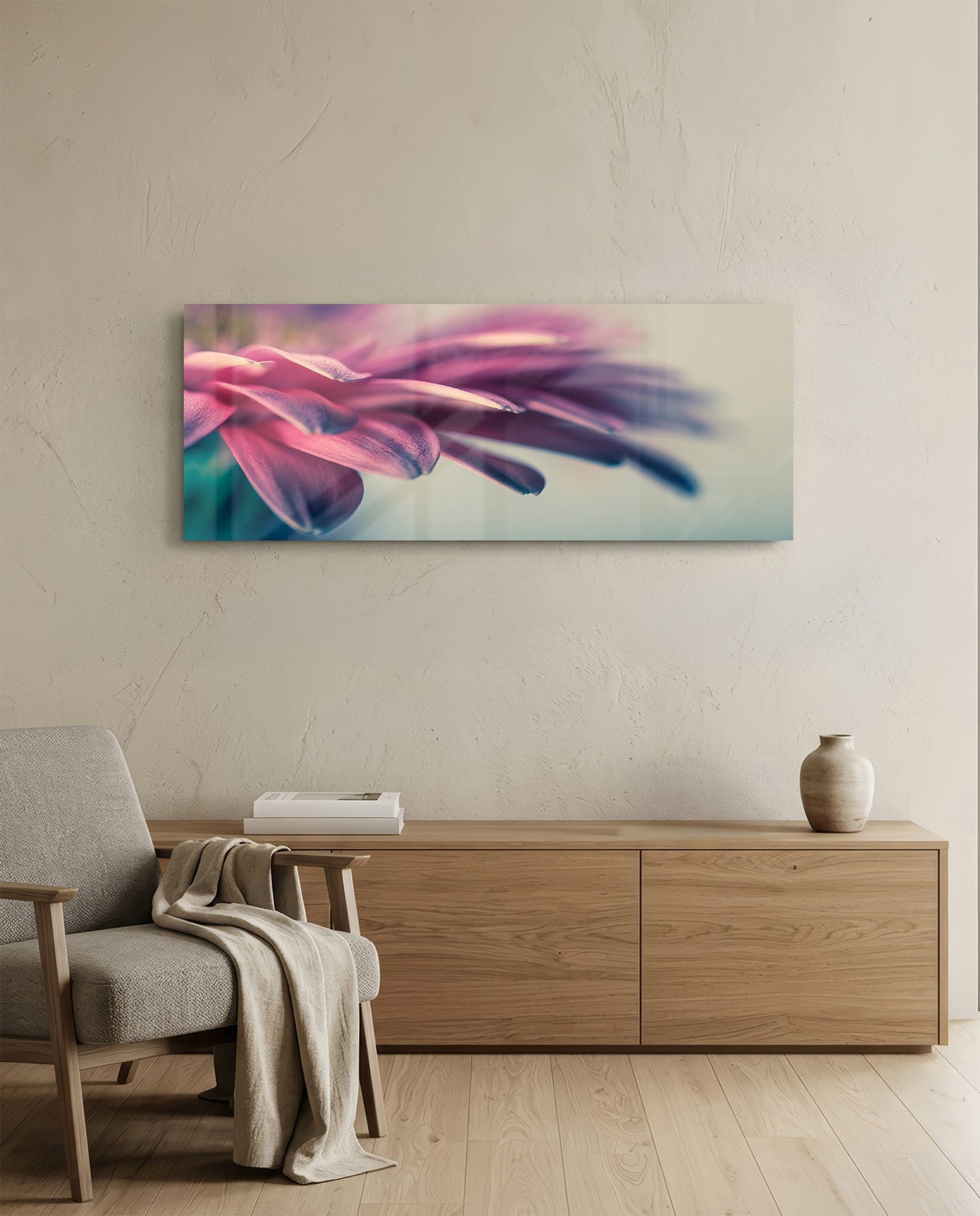 Macro Glass Wall Art displaying pink flower petals in soft focus mounted above wooden dresser in minimalist interior setting.