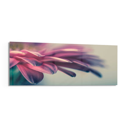 Macro close-up of pink and purple flower petals with soft focus and blurred background, printed on horizontal glass panel.