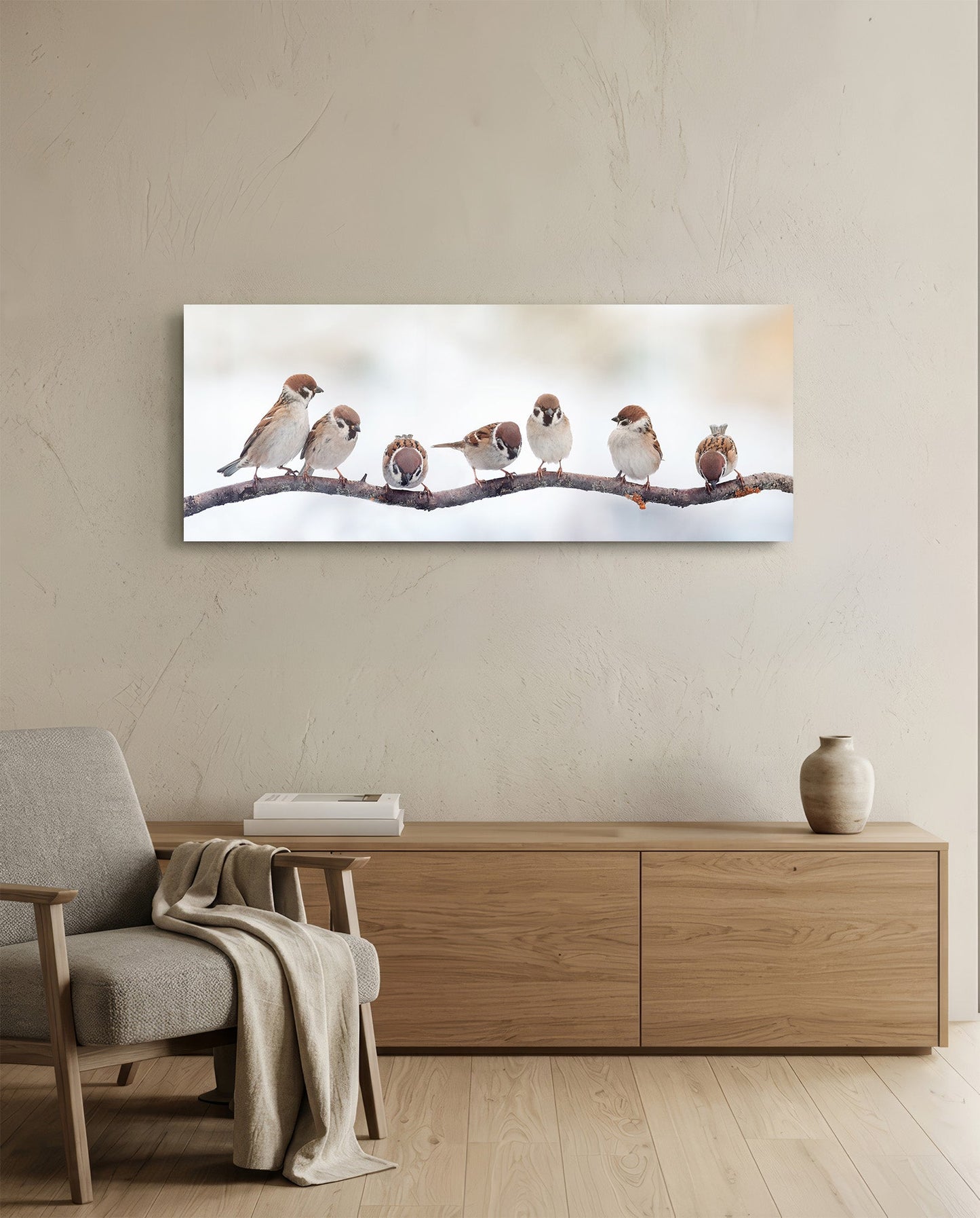Seven Sparrows On A Bare Branch Glass Wall Art
