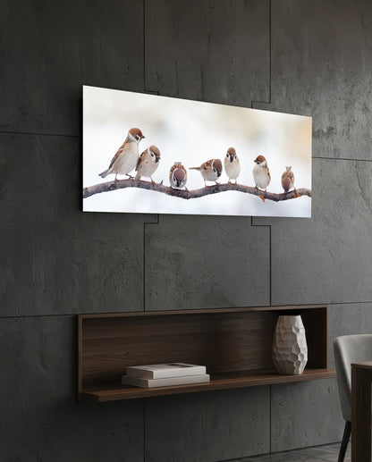 Seven Sparrows On A Bare Branch Glass Wall Art