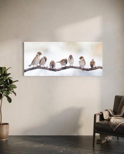 Seven Sparrows On A Bare Branch Glass Wall Art
