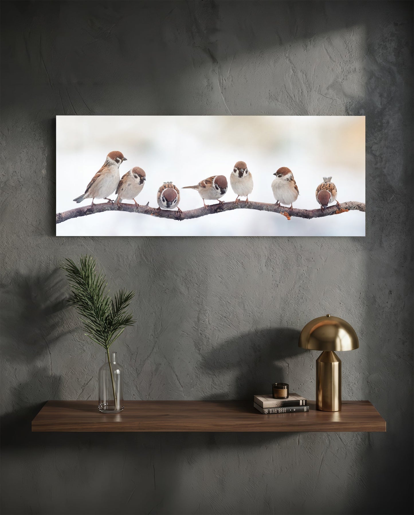 Seven Sparrows On A Bare Branch Glass Wall Art
