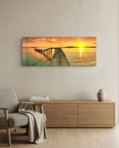 Golden Sunset Curved Pier Glass Wall Art