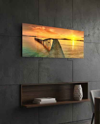 Golden Sunset Curved Pier Glass Wall Art