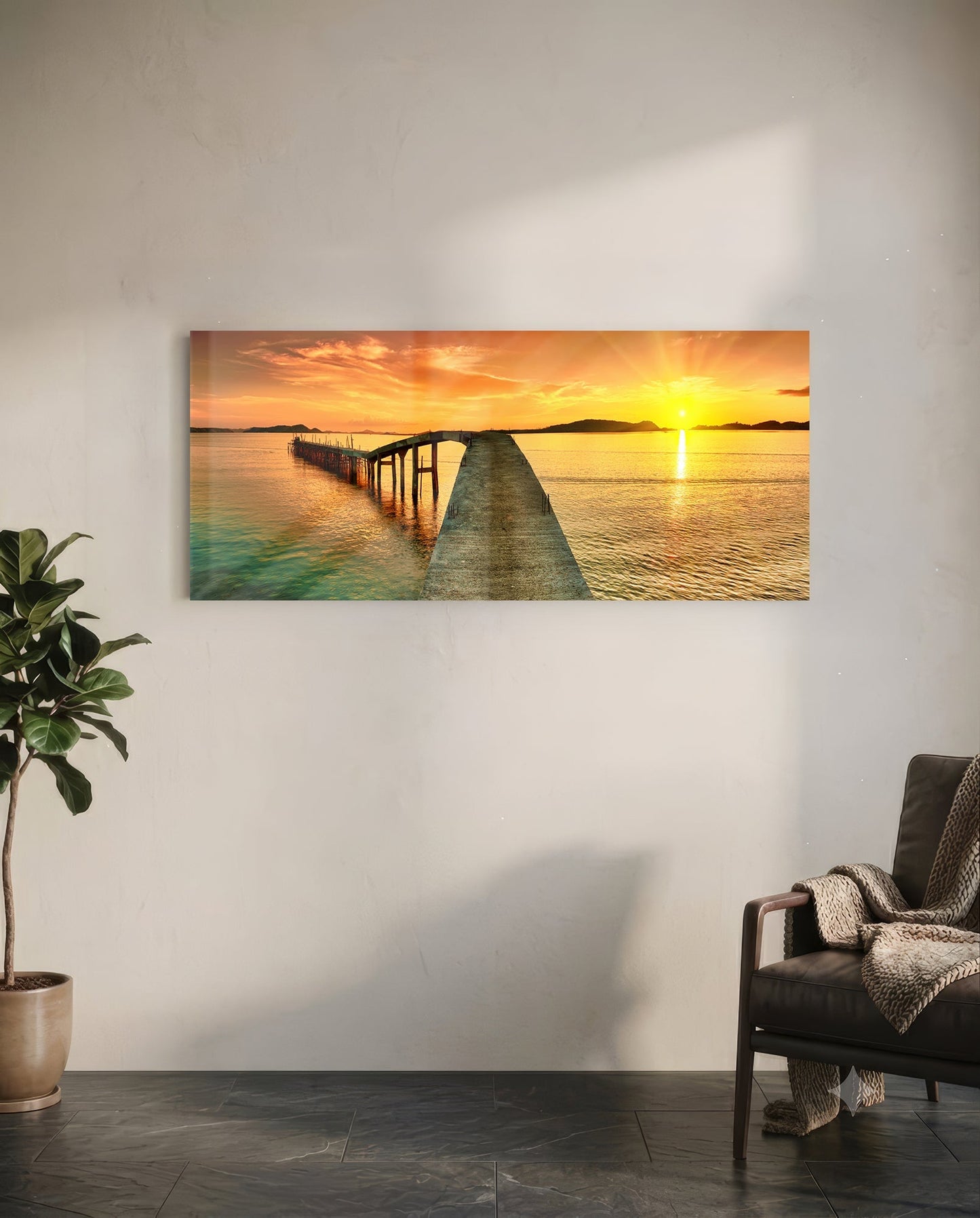Golden Sunset Curved Pier Glass Wall Art