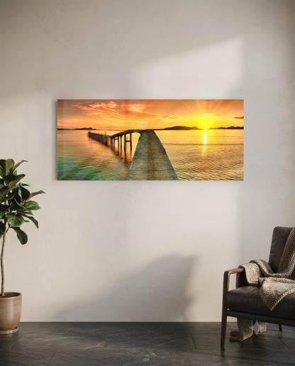 Golden Sunset Curved Pier Glass Wall Art