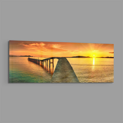 Golden Sunset Curved Pier Glass Wall Art