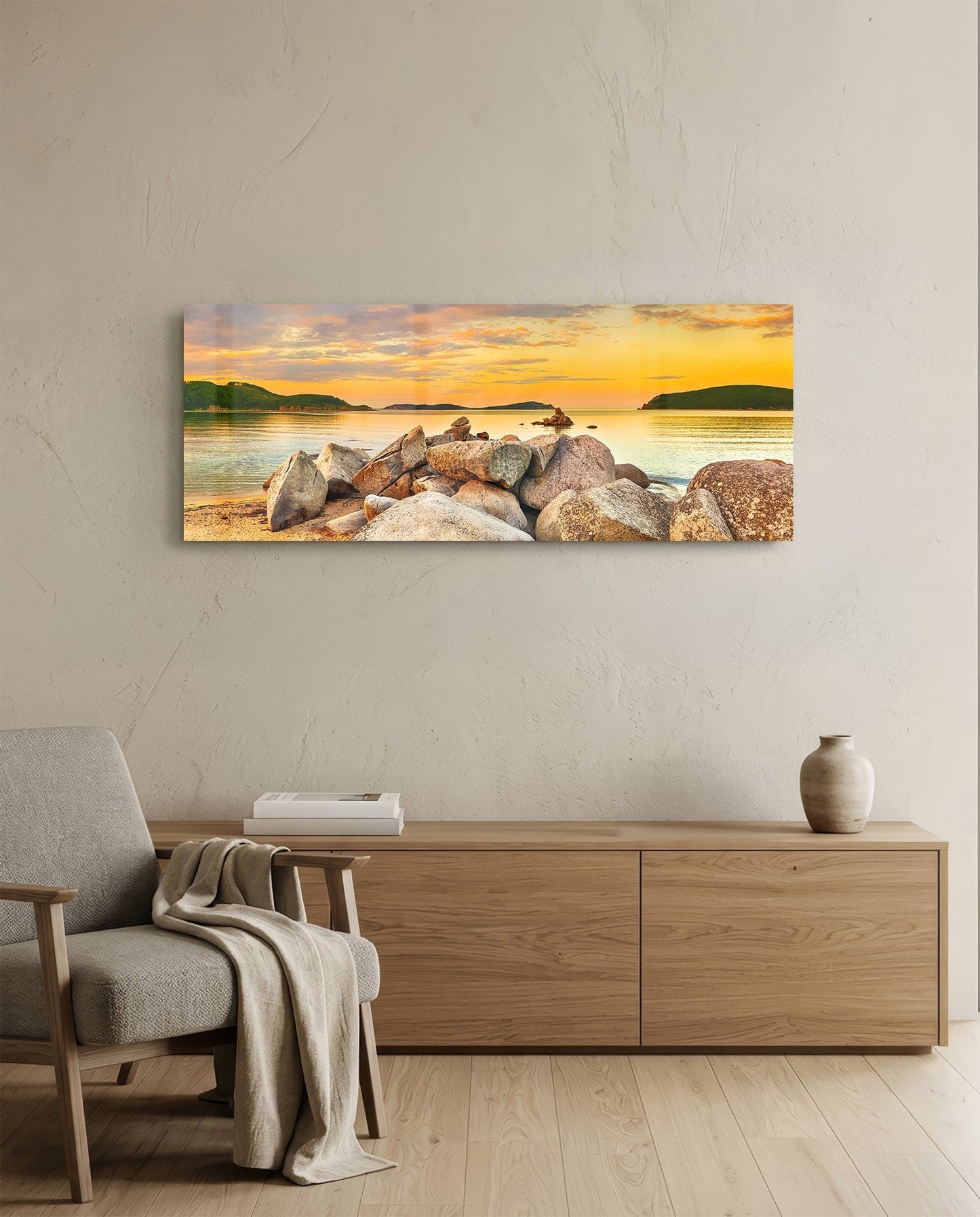 Boulder Pile Golden Sunset Bay Glass Wall Art