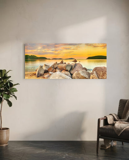 Boulder Pile Golden Sunset Bay Glass Wall Art