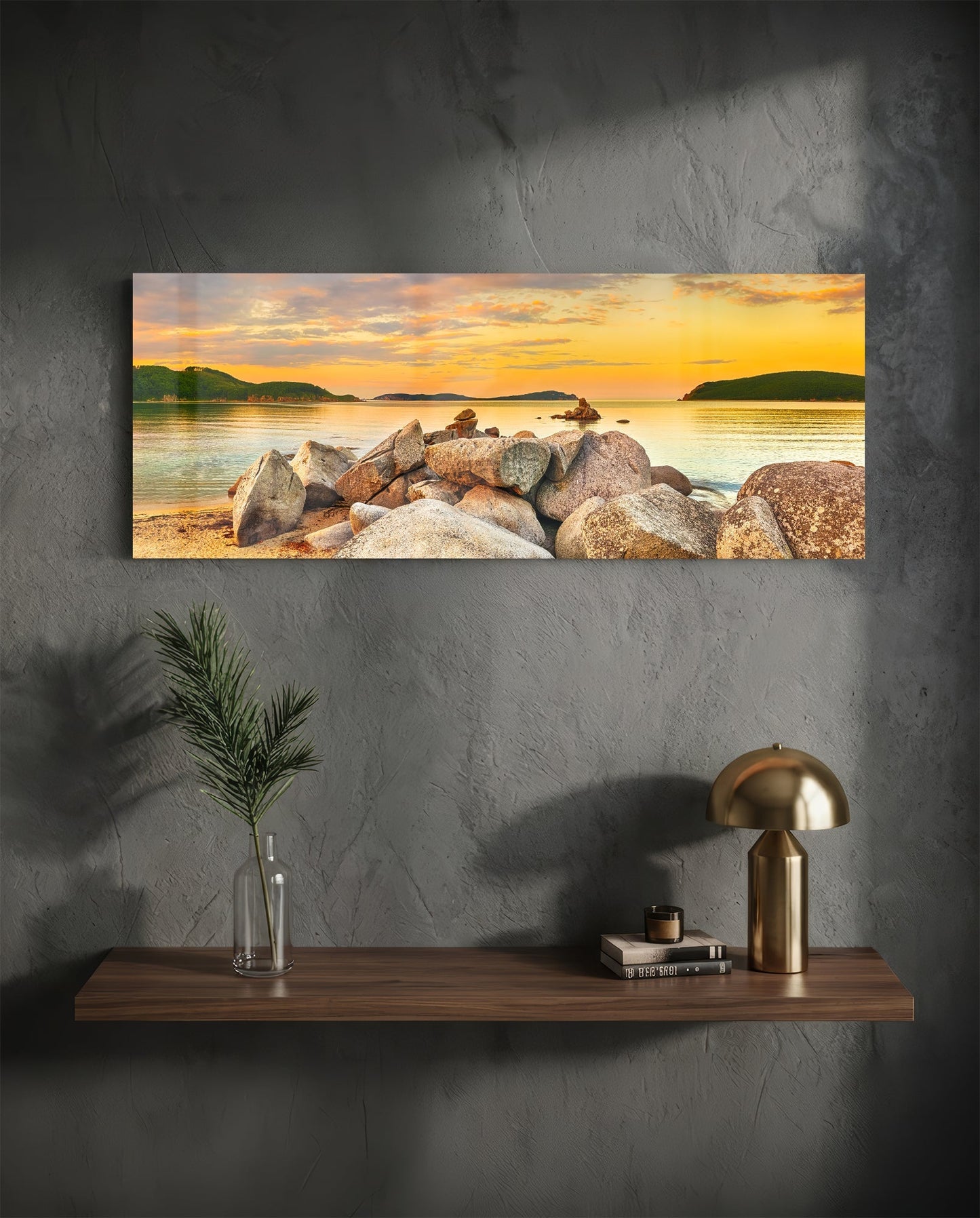 Boulder Pile Golden Sunset Bay Glass Wall Art