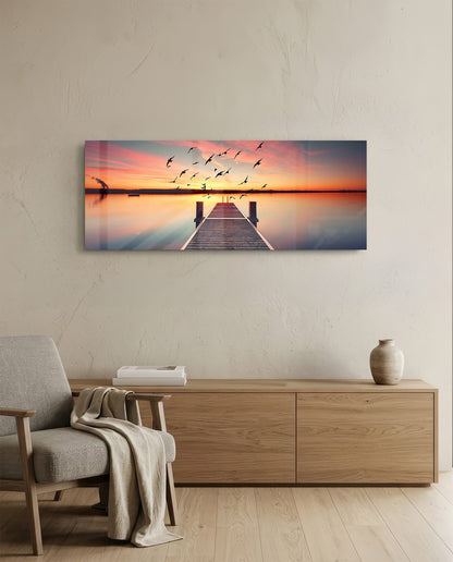 Flying Birds Sunset Pier Glass Wall Art