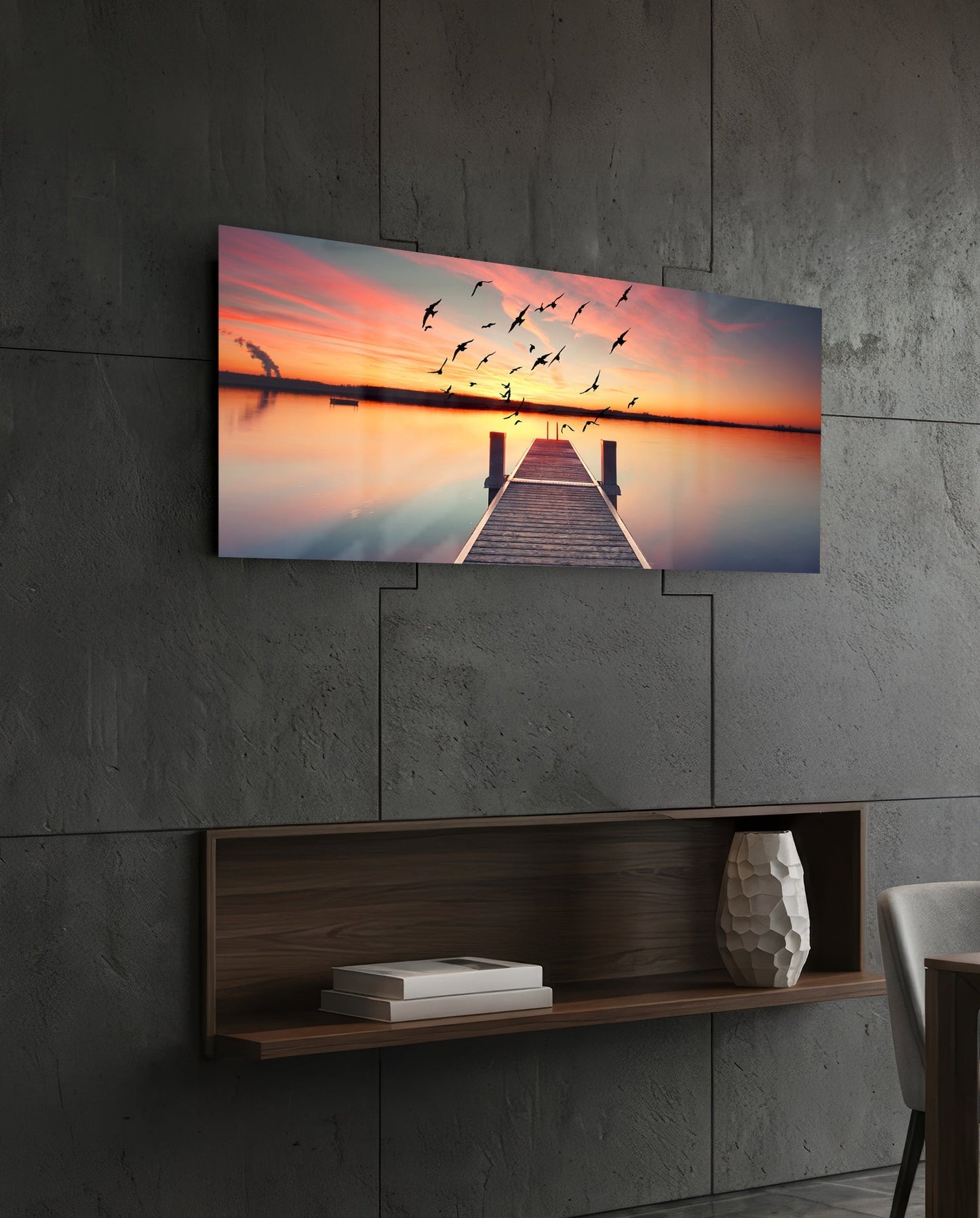 Flying Birds Sunset Pier Glass Wall Art