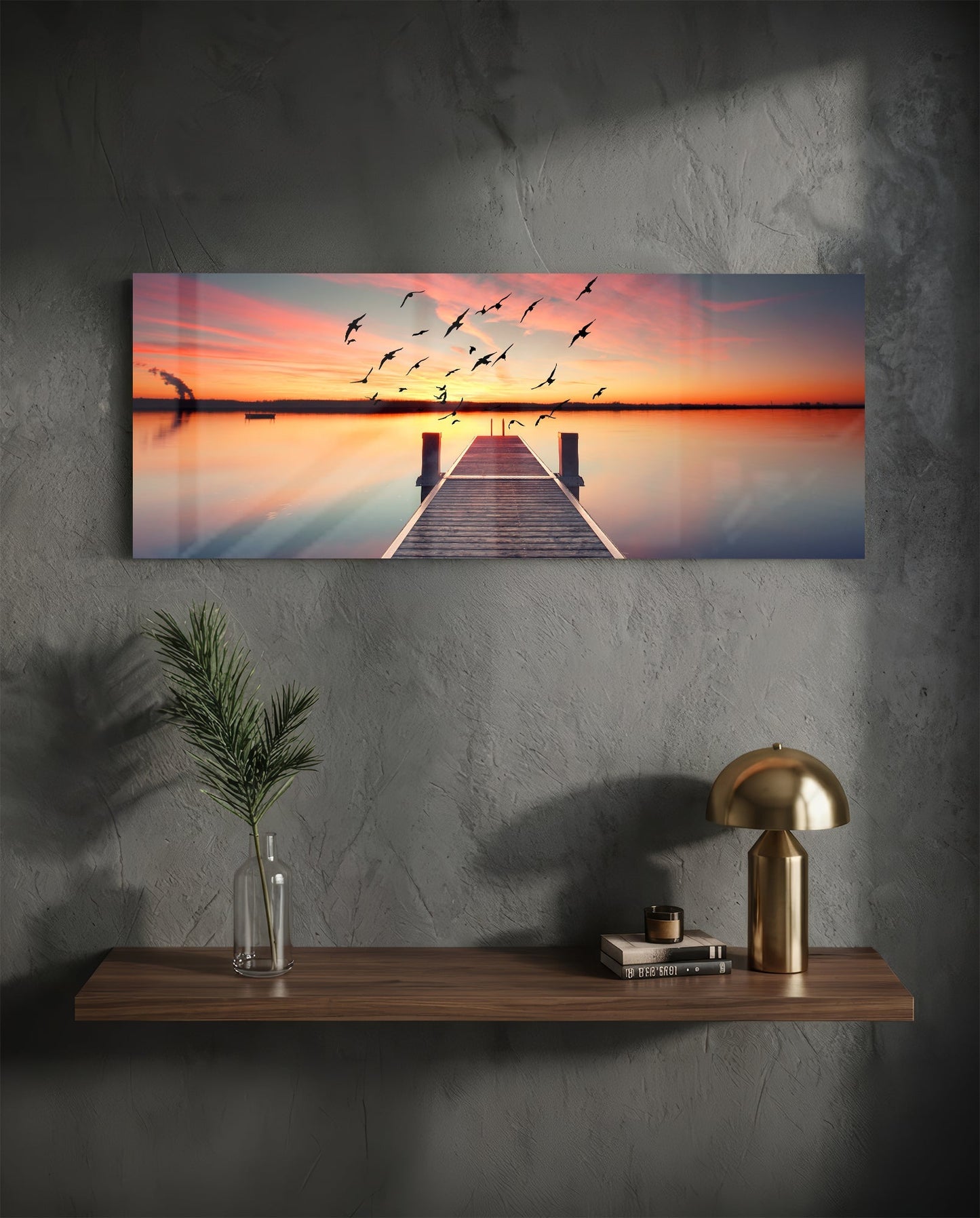 Flying Birds Sunset Pier Glass Wall Art