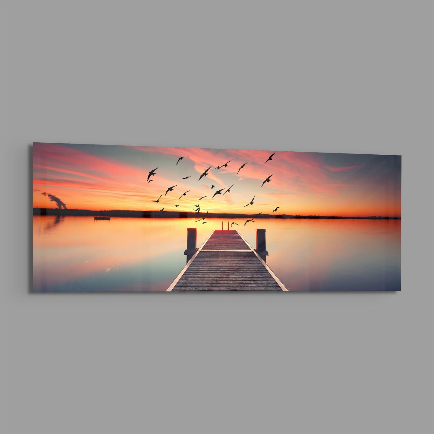 Flying Birds Sunset Pier Glass Wall Art