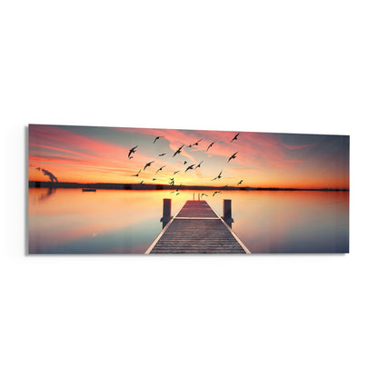 Flying Birds Sunset Pier Glass Wall Art