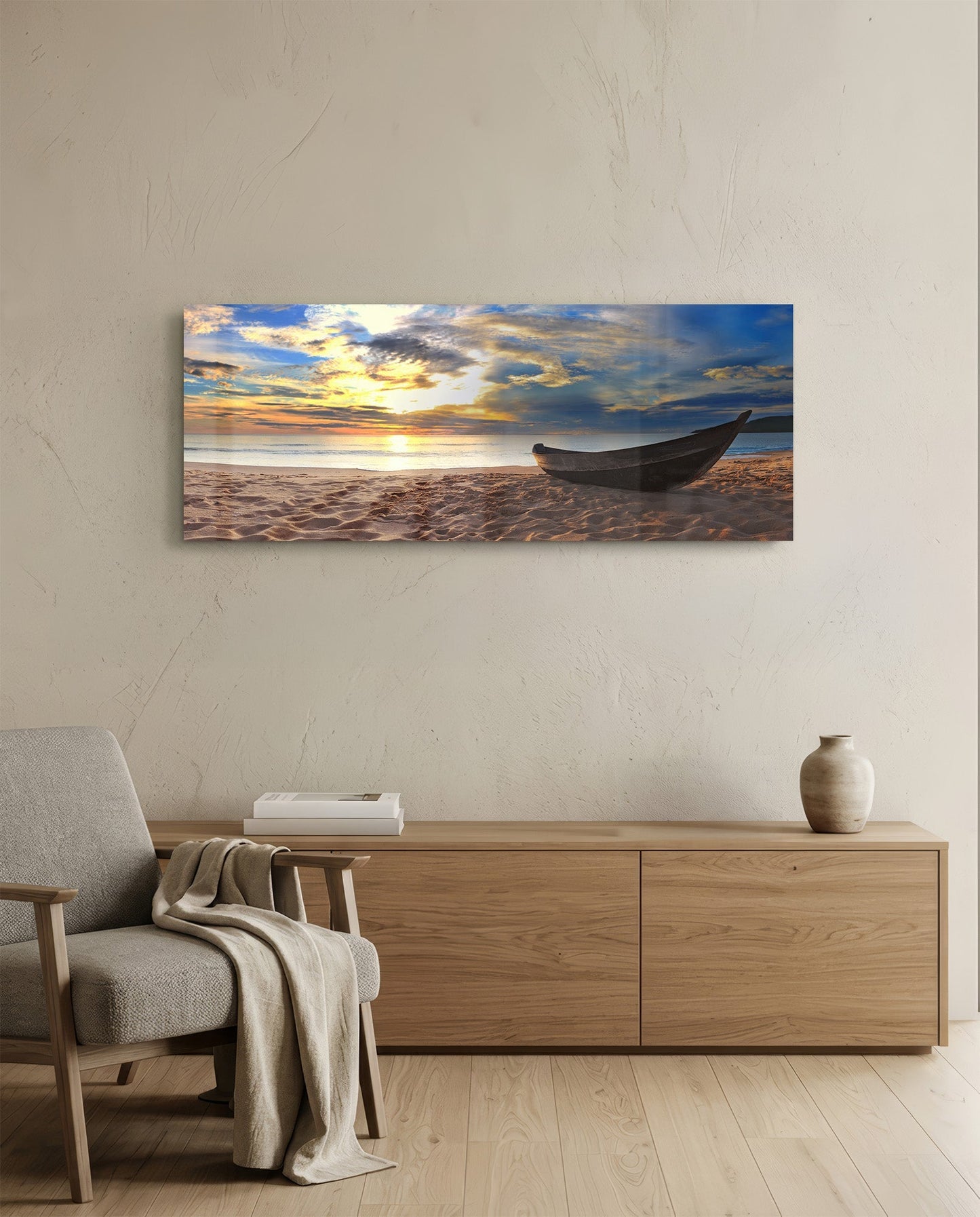 Wooden Boat Sunset Sandy Beach Glass Wall Art