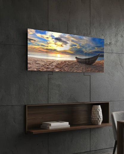 Wooden Boat Sunset Sandy Beach Glass Wall Art