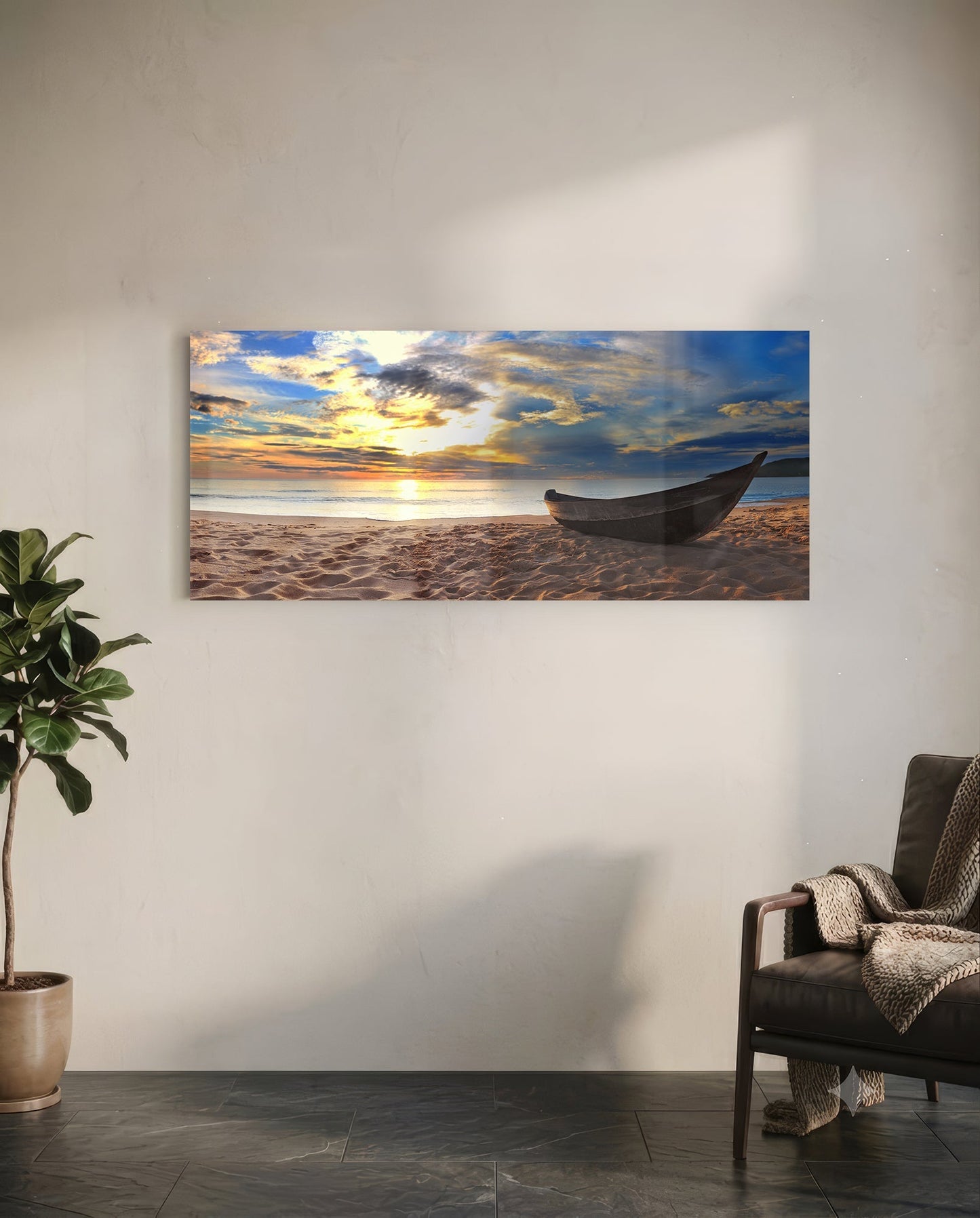 Wooden Boat Sunset Sandy Beach Glass Wall Art
