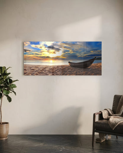 Wooden Boat Sunset Sandy Beach Glass Wall Art