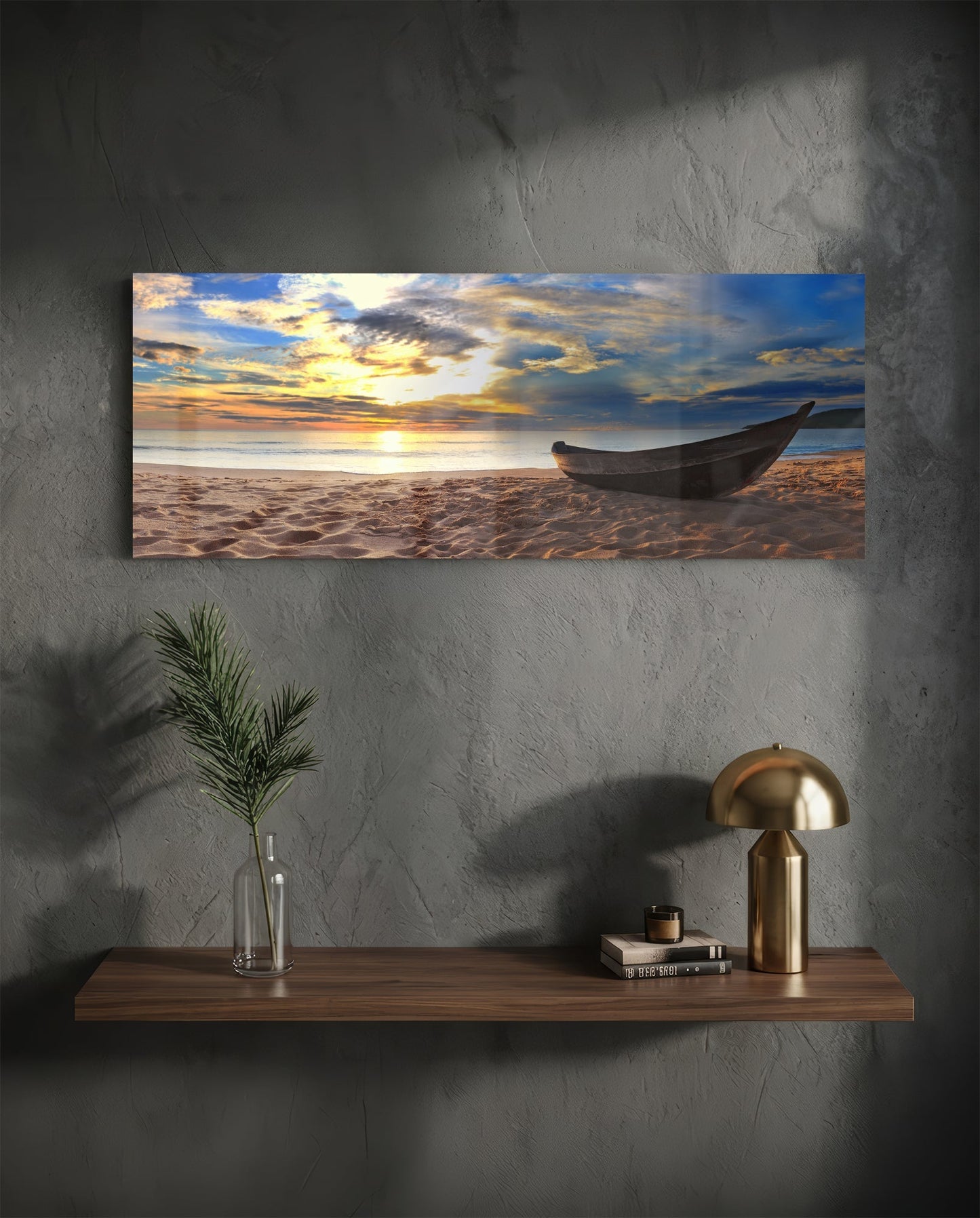 Wooden Boat Sunset Sandy Beach Glass Wall Art