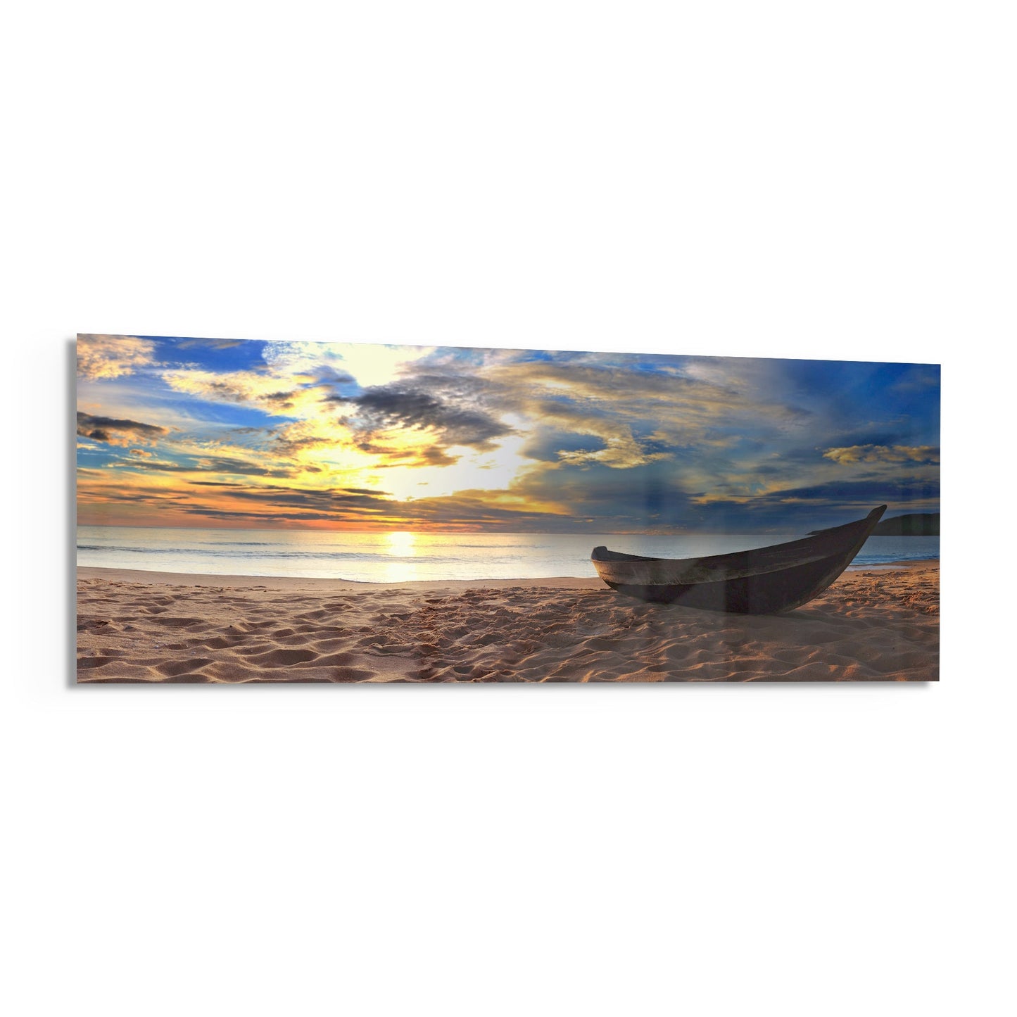 Wooden Boat Sunset Sandy Beach Glass Wall Art