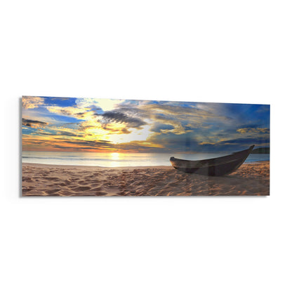 Wooden Boat Sunset Sandy Beach Glass Wall Art
