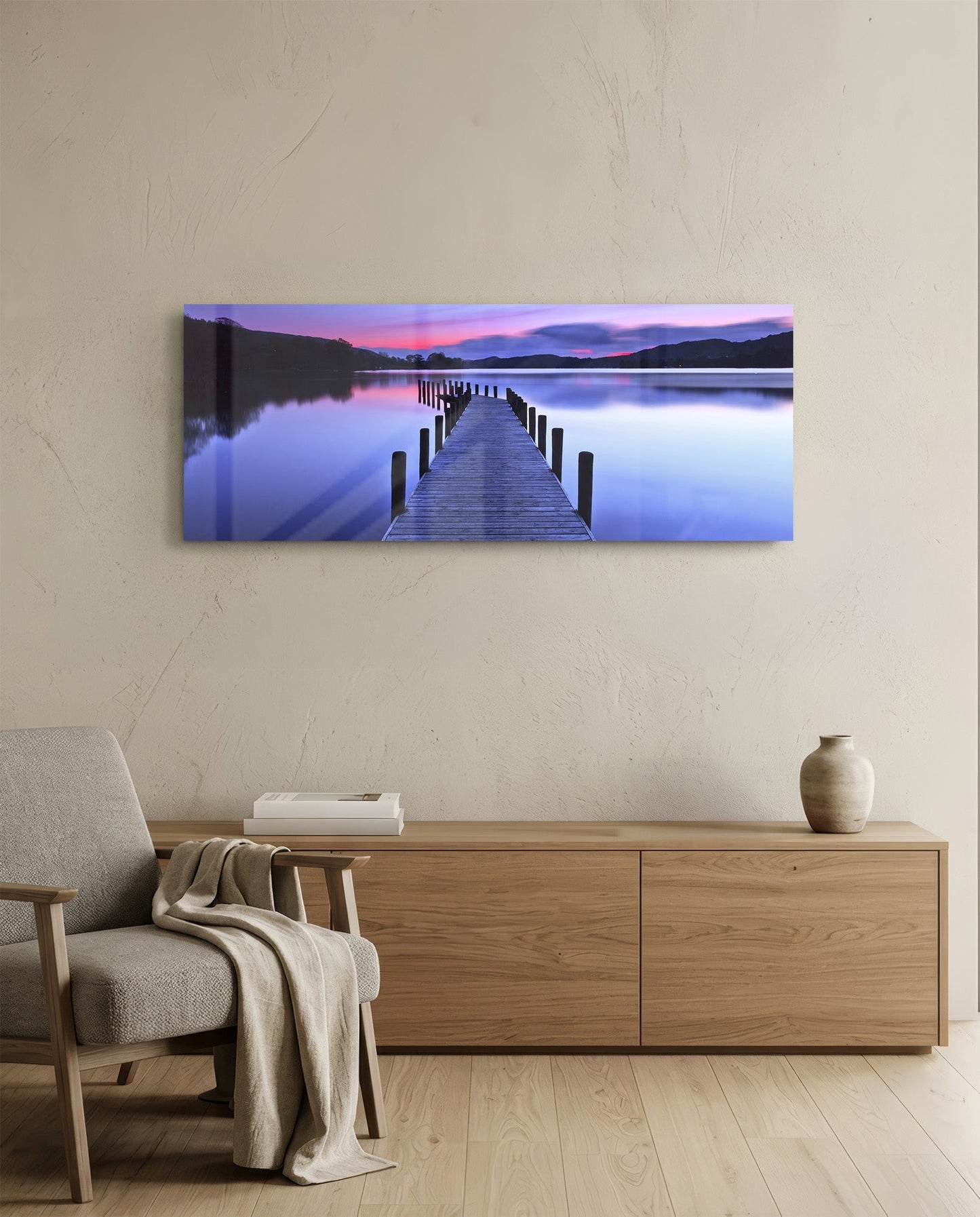 Purple Twilight Wooden Jetty Glass Wall Art